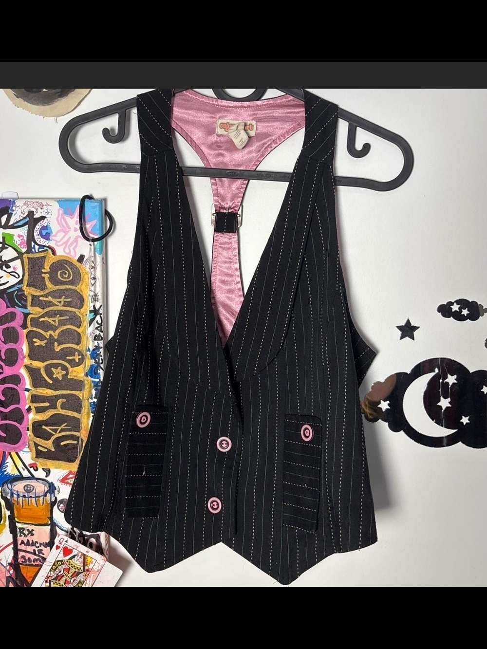 Women's Black Pinstripe Vest with Pink Accents